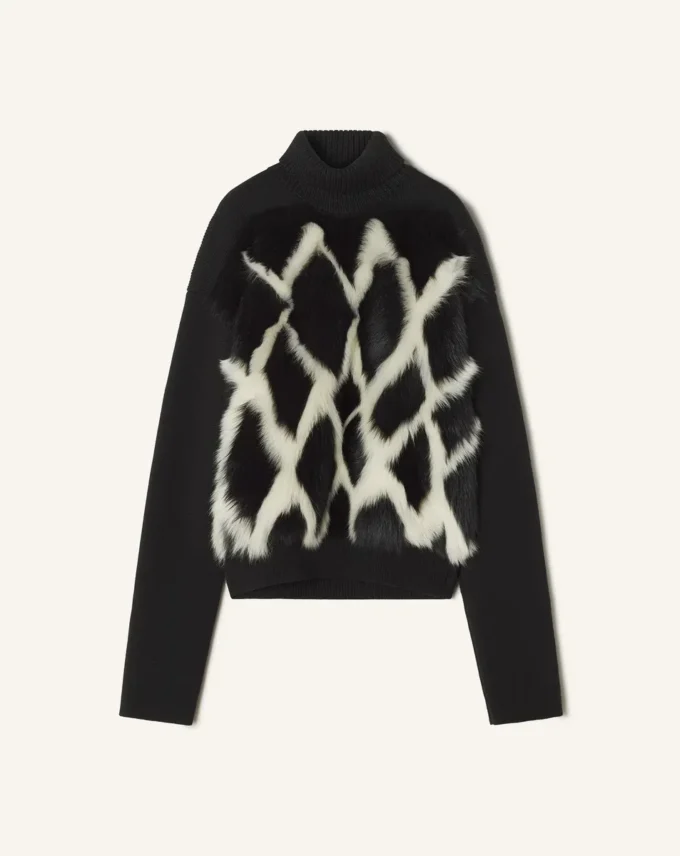 Wool and Leather Intarsia Turtleneck Sweater
