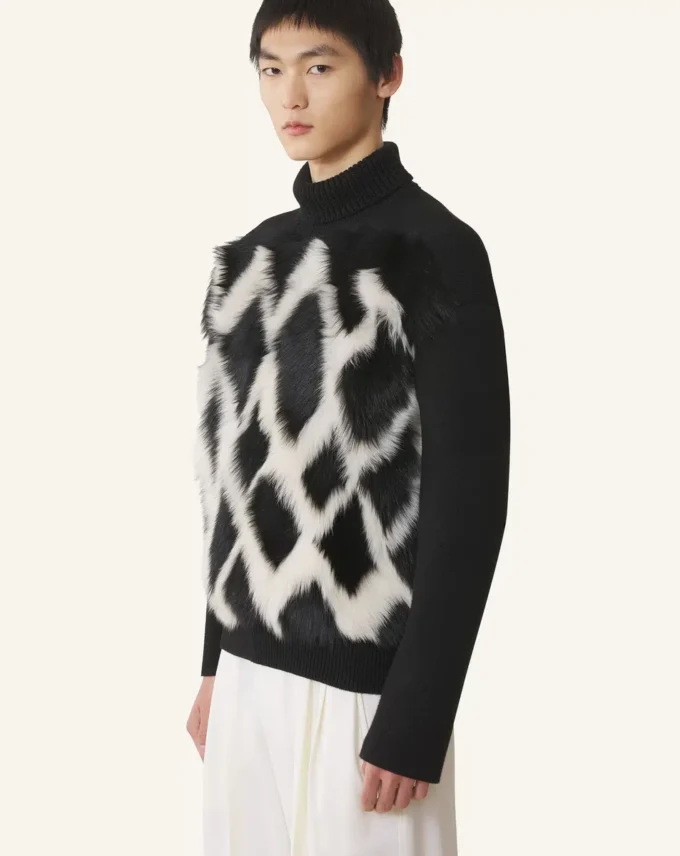 Wool and Leather Intarsia Turtleneck Sweater