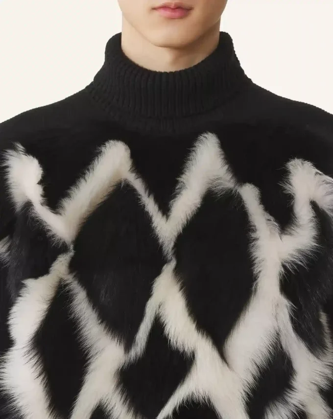Wool and Leather Intarsia Turtleneck Sweater